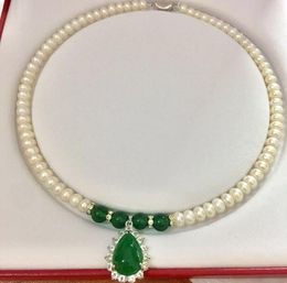 7-8mm clean small thread Green Agate Pearl Pendant Necklace white 100% Pure Natural Fresh Water Pearls