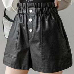 Women's Shorts PU Leather Women 2022 Autumn Winter Womens High Waist Loose Korean Style Elastic Wide Leg Black Pockets Femme