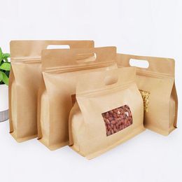 200Pcs/Lot Kraft Paper Octagonal Ziplock Organ Bag With Handle Window Packaging Self Sealing Bag Dried Tea And Dried Fruit Bag