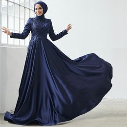 Navy Blue Muslim Evening Dresses Bead Satin Arabic Dubai Prom Gown Ruched High Collar Long Sleeve Hijab Kafan Turkey Womens Robes