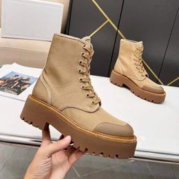 Designer Women Black Chunky Platform Boots Leather Lace-up Boots Luxury Nylon Desert Boots Round Head Combat Boot With BOX NO396