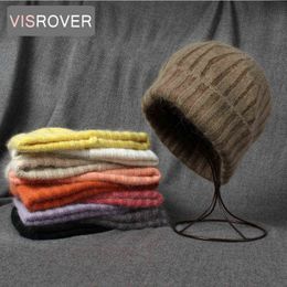 Fish Rover 10 Color Rabbit Cashmere Unisex Woman Winter Hat With Stripe Autumn Hats Cashmere Woman Warm Rabbit Fur Skullies J220722