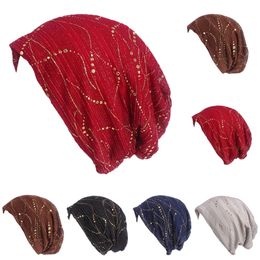 Flower Women Rhinestone Lace Breathable Chemo Cap Hijab Hat Turban Hair Loss Bonnet Head Wrap Headwear Femme Beanies Headscarf