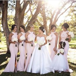 Pink Satin 2022 Bridesmaid Dresses Mermaid Straps Front Slit Wedding Guest Gowns Plus Size