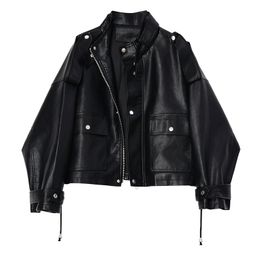 Lautaro Kurze übergroße Lederjacke für Damen, lange Ärmel, Übergröße, lockere schwarze Jacke mit Reißverschluss, Damenbekleidung, Damenmode, 201030