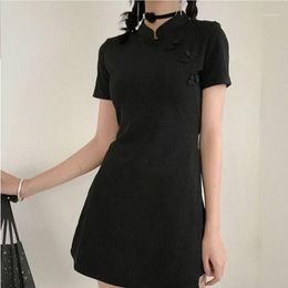 Chinese Style Black Cheongsam Dress Women Summer 2022 Qipao Sexy Bodycon Short Sleeve Mini Plus Size Dresses Casual