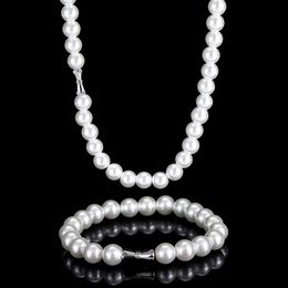 Pearl Beads necklace for Men with Chain Bracelets 6mm 8mm 10mm 12mm Jewelry Set for Women Father Boyfriend Gift