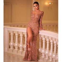 Elegant Glitter Evening Dresses Sweetheart Sequined Prom Dresses Side Split Long Sleeves Celebrity Women Formal Party Pageant Gowns