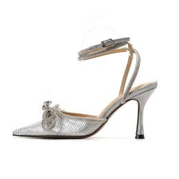 Dress Shoes 2022 New Bowknot Rhinestone Pointed Glite Sandals Women's Bandage Thin Heel High Heels