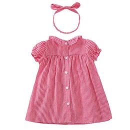 New summer baby girl baby clothes 0-2 years old girls short-sleeved plaid dress and headband
