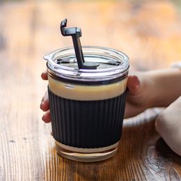 Simple Cute Glass Straw Cup 350ml Milk Tea Coffee With Lid Portable Eco Friendly Water Bottle Small Drinkware 220509