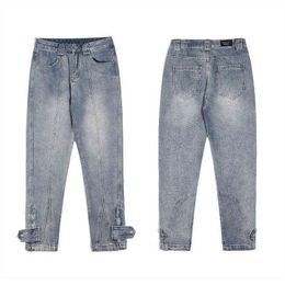 Pantaloni casual indossati da uomo e da donna vintage High Street Split Jeans Zipper Twist Button T220803