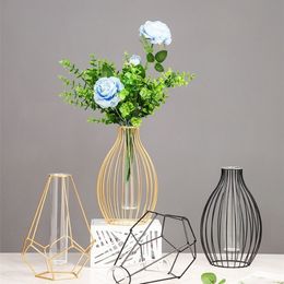 Nordic Simple Golden Glass Vase Hydroponic Plant Flower Vase Iron Geometric Glass Test Tube Metal Plant Holder Modern Home Decor 220809