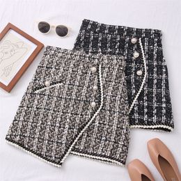 Tweed Skirts for Women Solid High Waist Slimming Autumn Spring Buttons Double Breasted Wool Mini Skirt 220317