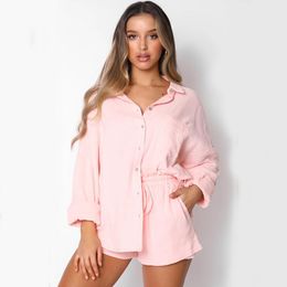 Women's Tracksuits Two-pieces Set Women's Solid ColorCasual Loose Long Sleeve Shirt Tops High Waist Elastic Short Pants Suit Pink/Black/