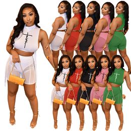 Summer Mesh See Through Tracksuits For Womens Letter Print Sleeveless Side Bandage Vest Crop Tops And Splice Shorts 2 Piece Sets PQ8687