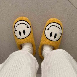 Slippers 2022 New Girl Heart Plush Shoes Female Autumn and Winter Cartoon Deodorant Cute Smiling Face Knot Plush Non-slip Indoor Shoes ho G220730