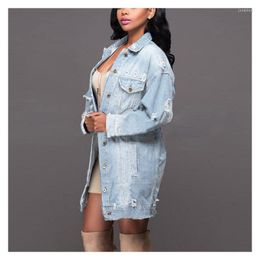 Women's Plus Size Outerwear & Coats Long Jeans Jacket Blue Jean Fall 2022 Women Mid Length Dark Hole Denim Trench Coat Oversized Jona22Women