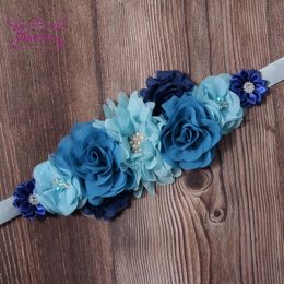 Belts Boutique Chiffon Floral Maternity Belt Rhinestone Polygonal Flowers Blue Waistband Bridesmaid Dress Accessories Party Decoration