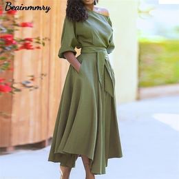 Women Elegant Sexy Off Shoulder Party Dress Summer Tie-Up A-Line Office Lady Casual Short Sleeve Pocket Vestido 220402