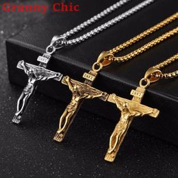 chains crosses Canada - Chains Granny Chic Fashion Cross Crucifix Jesus Pendant & Necklace Silver Gold Color Stainless Steel Men Chain Christian Jewelry GiftsCh