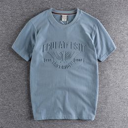 Summer Short Sleeve O-neck 3D Letter Printed T-shirt Men's Fashion Retro Pure Cotton Washed Old Loose Couples Casual Tops 220509