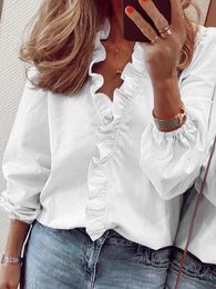 Women's Blouses & Shirts Women Spring Autumn Solid Casual Loose Ruffle Collar Long Sleeve V Neck White Tops Fashion Elegant Office ClothesWo