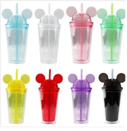 450ML Mouse Ear Acrylic Tumbler Mugs 8 colors Double Walled Plastic Dome Tumbler Transparent with Same Color Straw DIY Custom Reusable PP Water Bottles