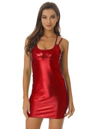 Casual Dresses Womens Bodycon Mini Dress Patent Leather Clubwear Crisscross Back Spaghetti Strap Metallic Shiny Rave Party OutfitCasual