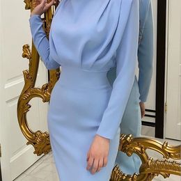 Insta Elegant Women Dress Stand Collar Slim Waist Solid Blue Ankle Length Autumn Long Sleeve Casual Party Fashion 220611