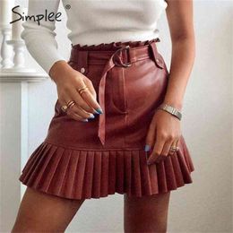 Sash belt PU leather women skirt Ruffled high waist female mini skirt Aline Party club wear ladies sexy short skirt 210331