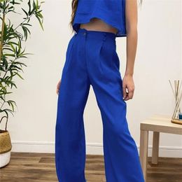 Womens Formal Outfits Summer Trouser Suit Sleeveless Short ShirtsLong Flare Pants Casual Cotton And Linen Tops Two Piece Sets 220602
