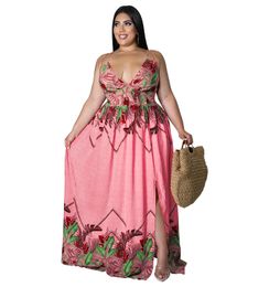 Women Plus Size Dresses V Neck Sleeveless Loose Print Casual Sexy Summer Long Maxi Dress S-5XL