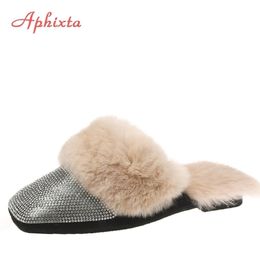 Aphixta Real Fur Winter Warm Slipper Crystal Bling Mules Woman Womens Furry Slippers Shoe Flat Hair Slide Y200106