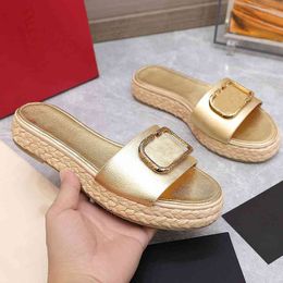 Gold Platform Slides Slippers Fashion Metal Buckle Real Leather 2CM Straw Luxury Women Slider Sandals Summer Flip Flops