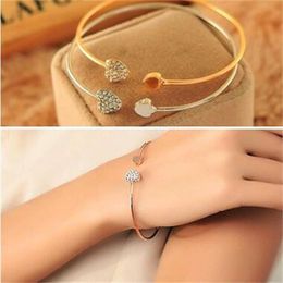 Women Fashion Style Alloy Gold Silver Rose Color Rhinestone Love Heart Cuff Bracelet Crystal Bangles