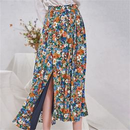 Women Flower Pleated Skirt Cotton Colourful Floral Print Buttons Elegant Split Long Skirts 210311