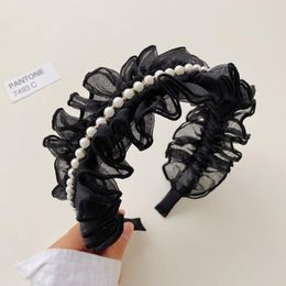 New Fashion Women Headband Beige Black Hairband Pleated Headwear Centre Pearls Chain Turban Adult Hair Accessories