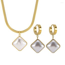Earrings & Necklace Square White Pearl Drop Shell Snake Bone Jewelry Set For Teen Girls Trendy Parure Bijoux Femme MariageEarrings