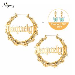 HIYONG Custom Name Earrings Bamboo Hoop Earrings Gold Plated Customize Earrings for Women Girls Hip-Hop Fashion Jewelry Gifts 210323