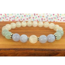 Strand New Design Moonstone Women`s Bracelet Aquamarine Blue Lace Agate Feminine Energy Jewellery Throat Chakra Support