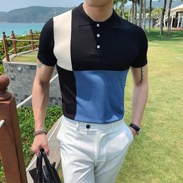 Men's Fashion Lapel Slim Short Sleeve Shirts Men Casual Contrast Knitted Ice Silk Colour Shirt Tops B29 Polos
