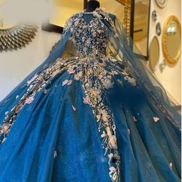 Luxury 3D Flower Quinceanera Dresses with Wrap Glitter Floral Appliques Prom Gowns 2022 Beaded Vestidos De Quinceañera