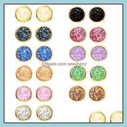 Stud Earrings Jewellery Fashion 12Mm Resin Druzy Drusy Round Gold Colour Glitter Handmade For Women Drop Delivery 2 Dh9Hz