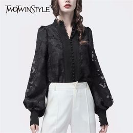 TWOTWINSTYLE Patchwork Lace Women's Shirts Lantern Long Sleeves Stand Collar Korean Shirt Blouse Female Autumn Fashion 210226