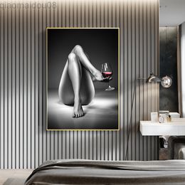 Stampa su tela Donna nuda Bicchiere da vino Pittura Nero Bianco Ragazza sexy Poster Wall Art Foto moderne S Per soggiorno Decorazioni per la casa L220810