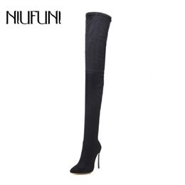 NIUFUNI Over The Knee Boots New Style Pointed Suede Shoes Female Thin Heels Sexy Lady Party Women Solid Boots 201111