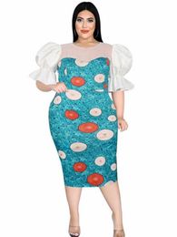 Plus Size Dresses Women Dress Puff Sleeve Mid Calf Length Robes Summer Print Mesh Splice Fashion Office Lady Pencil 2022Plus