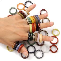 Width 6mm Unisex Natural Mineral Ring Multicolor Black Green Red Agates Circle Ring Gem Stone Finger Rings Charms Gifts