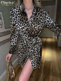 Clacive Sexy Leopard Print Mini Dress Lady Fashion Lapel Long Sleeve Bodycon Dress Elegant Lace-up Party Dresses For Women 2022 T220804